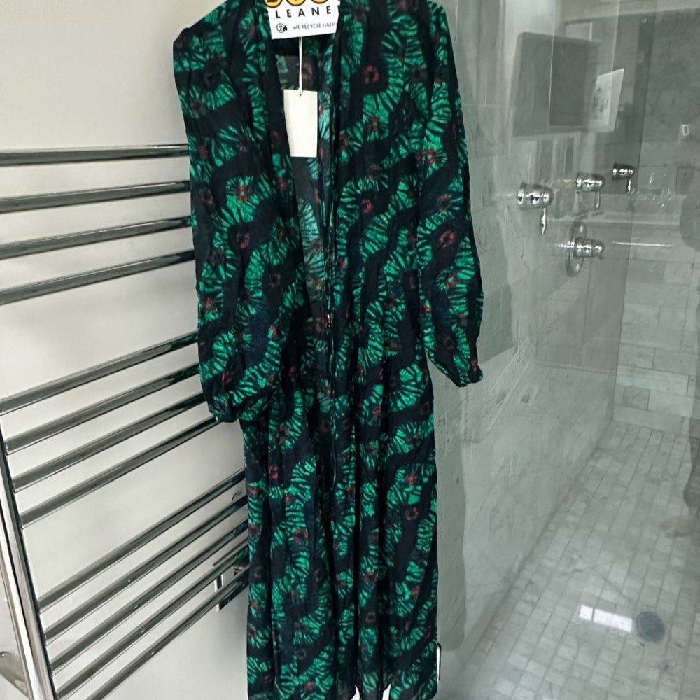 Ulla Johnson Green and Black Plunge Neck Bishop Sleeve Dress